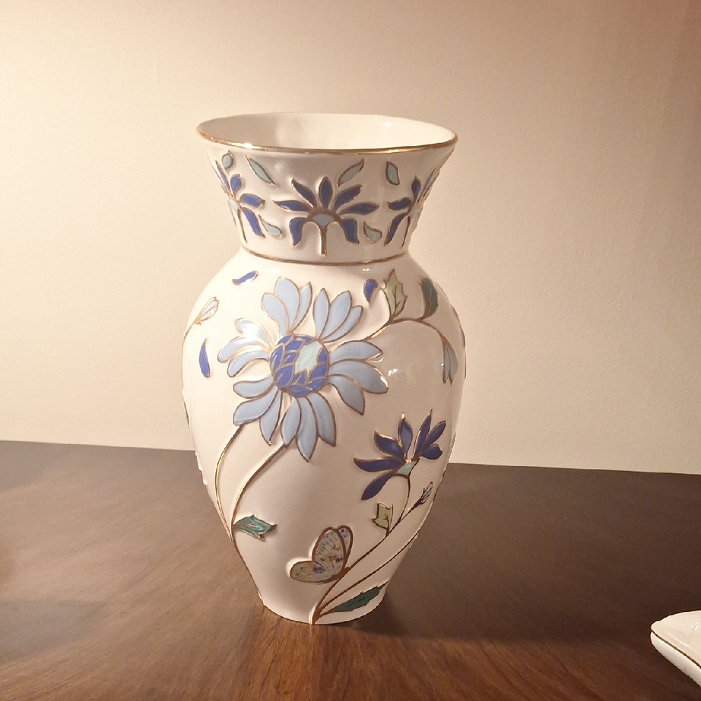 Floral Ceramic Vase with Blue Accents